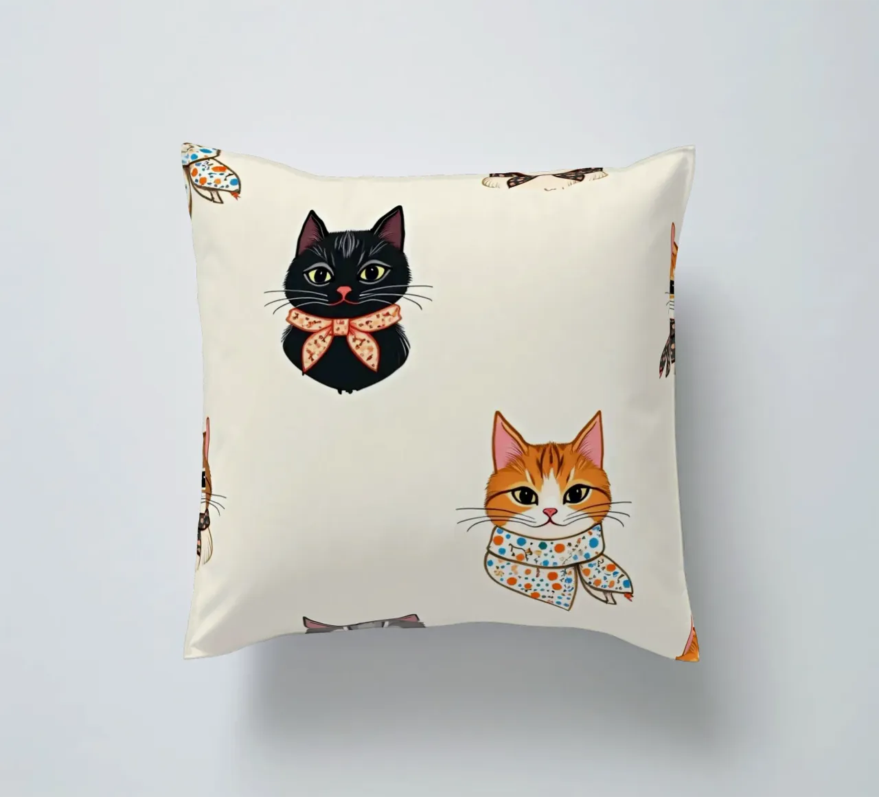 Colorful patterned cats wearing scarves in whimsical design decorative cushion by DesignDoodle