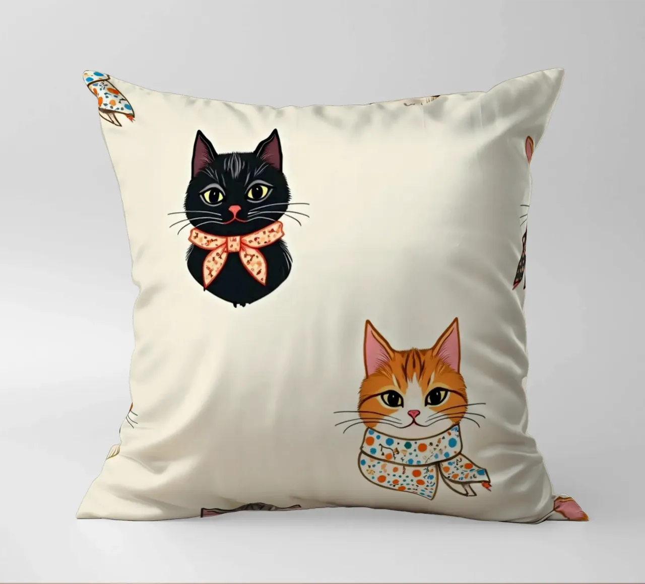 Colorful patterned cats wearing scarves in whimsical design decorative cushion by DesignDoodle