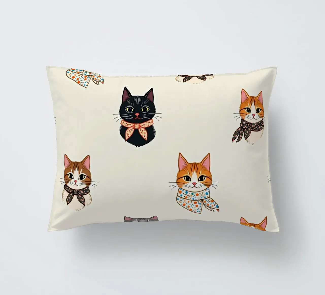 Colorful patterned cats wearing scarves in whimsical design decorative cushion by DesignDoodle