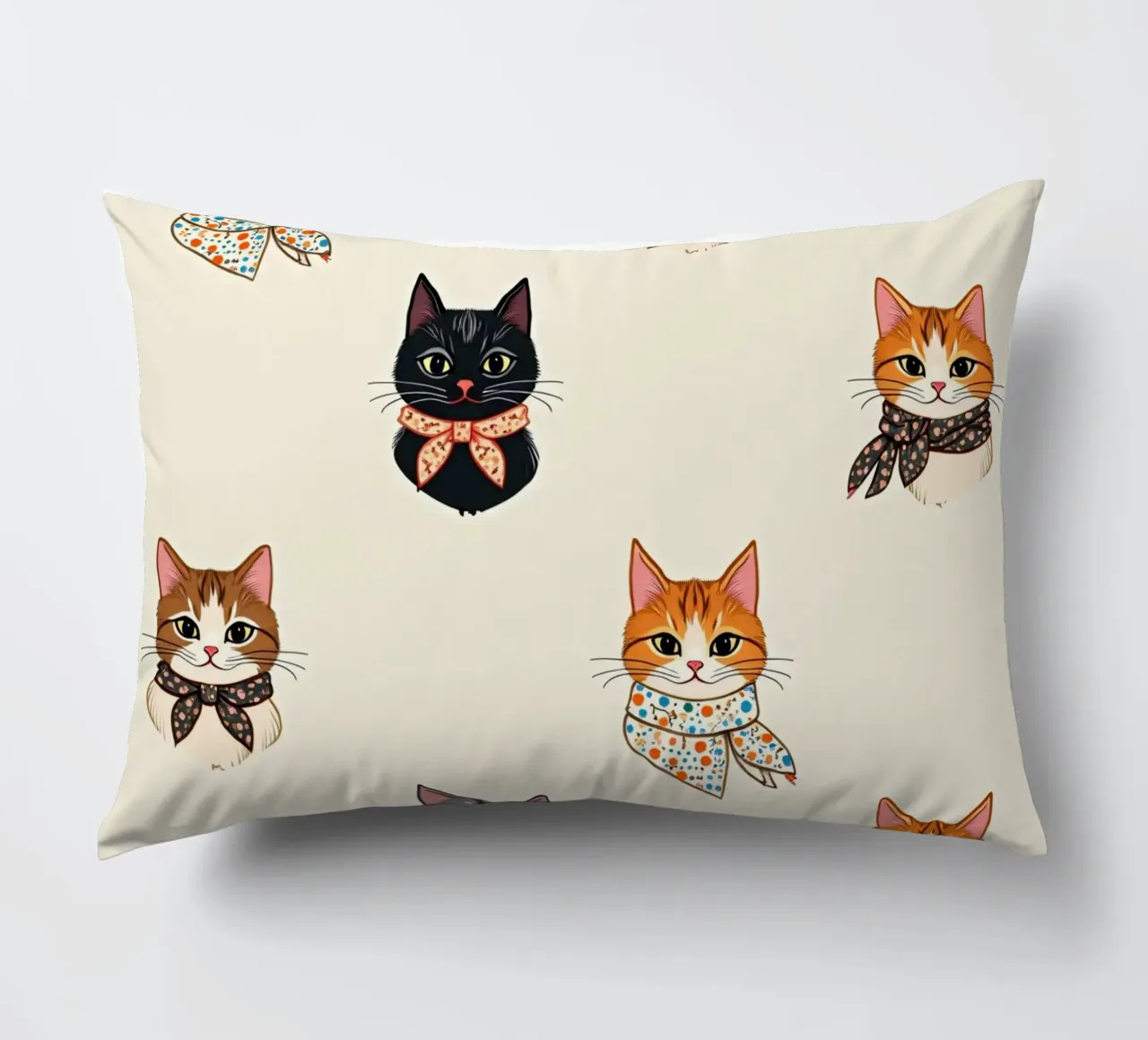 Colorful patterned cats wearing scarves in whimsical design decorative cushion by DesignDoodle