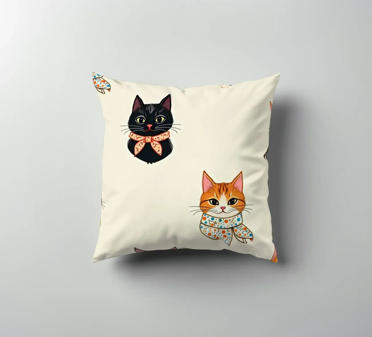 Colorful patterned cats wearing scarves in whimsical design decorative cushion by DesignDoodle
