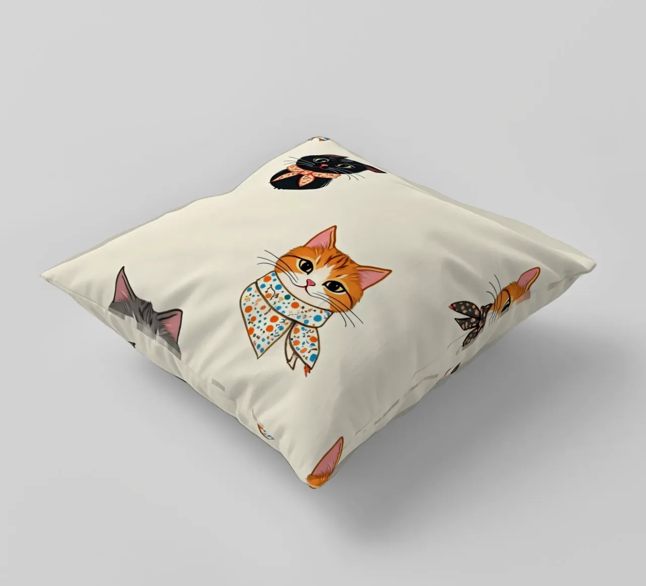 Colorful patterned cats wearing scarves in whimsical design decorative cushion by DesignDoodle