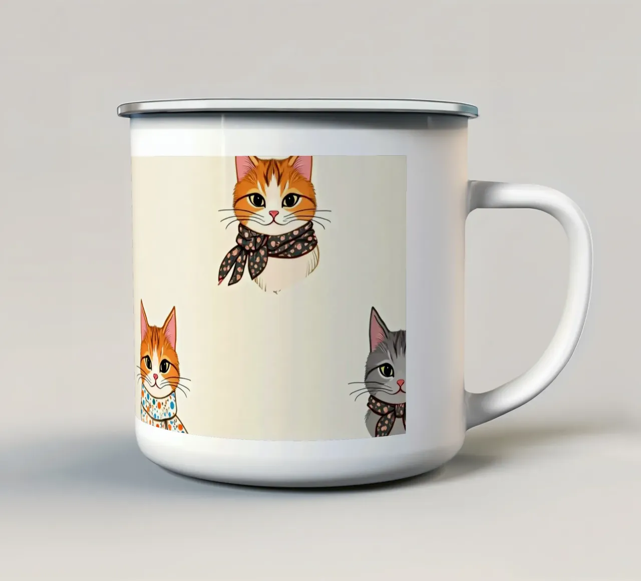Colorful patterned cats wearing scarves in whimsical design enamel mug by DesignDoodle
