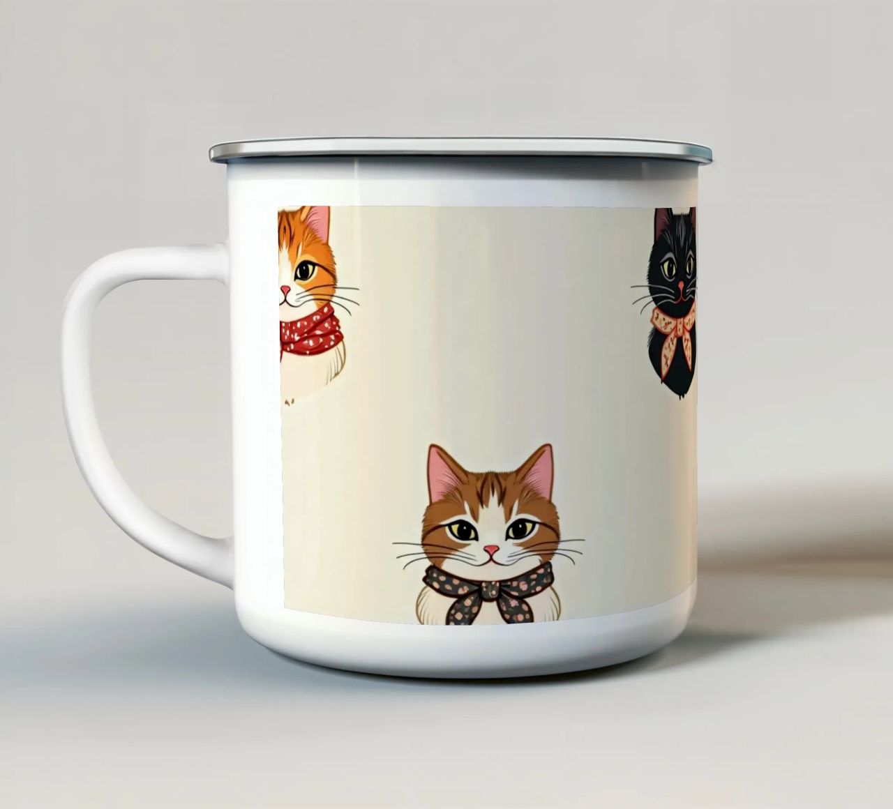 Gatti colorati con sciarpe dal design stravagante tazza in smalto da DesignDoodle