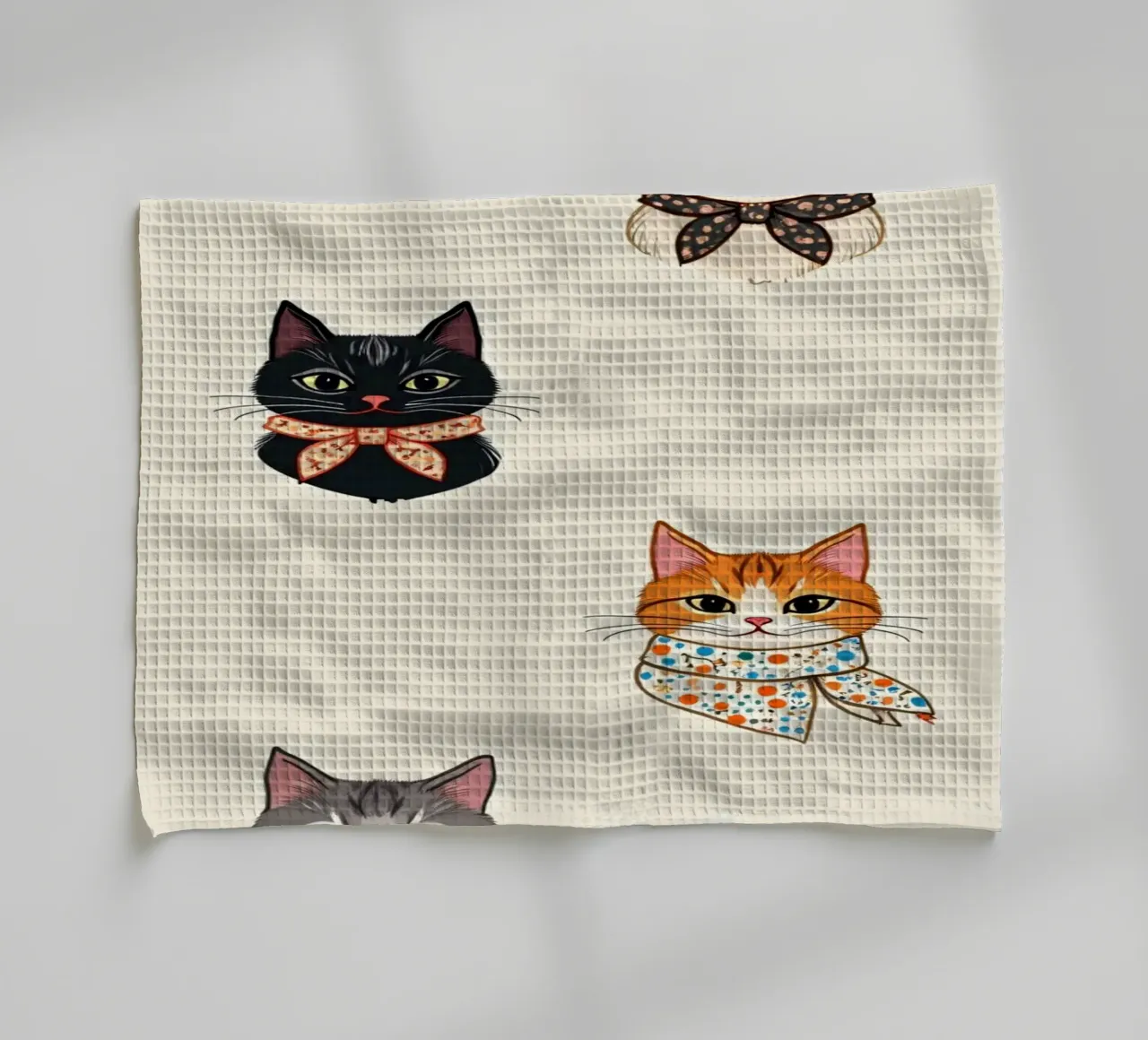 Colorful patterned cats wearing scarves in whimsical design tea towel by DesignDoodle