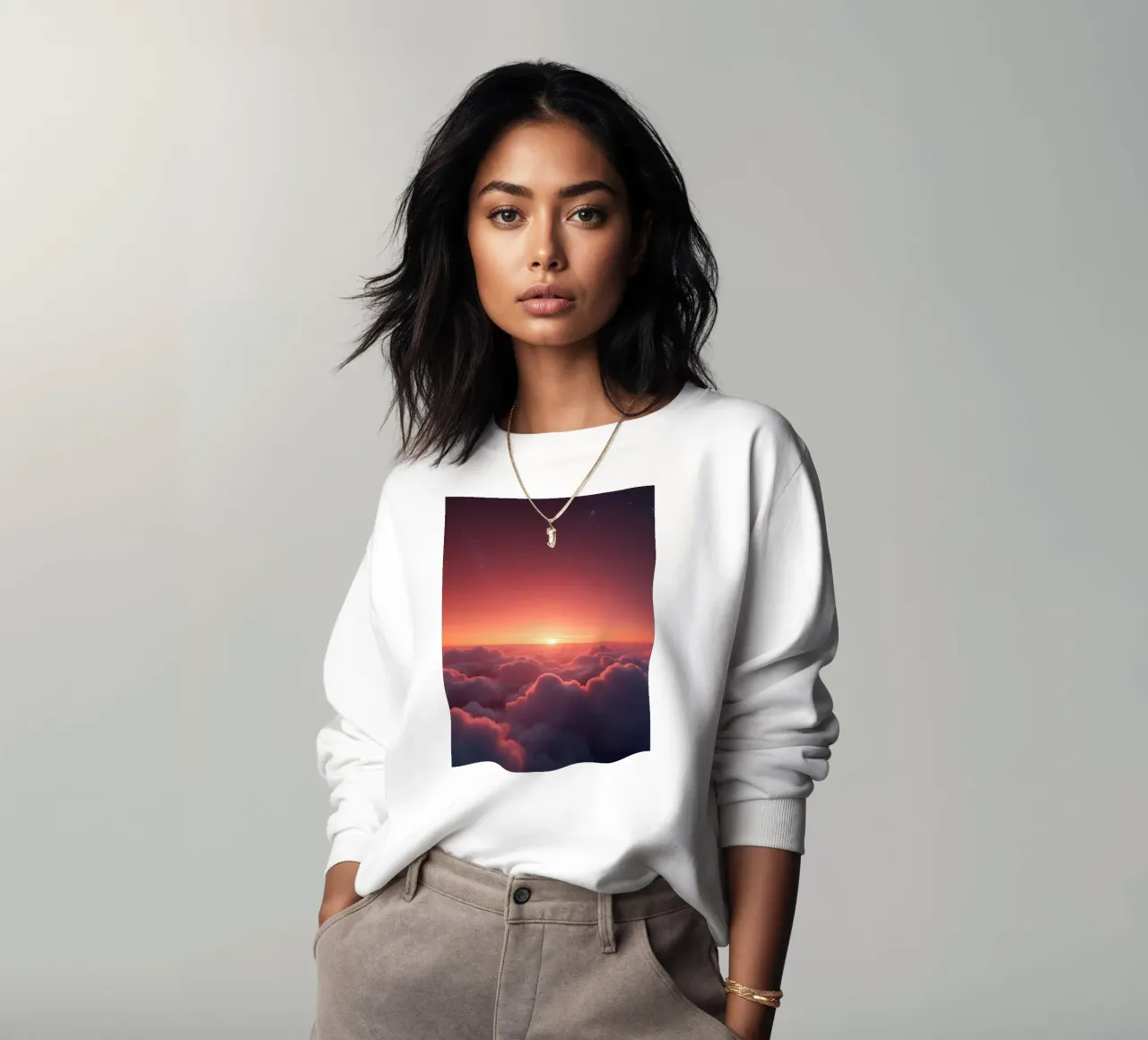 Vibrant sunset glowing above fluffy clouds in a serene sky sweatshirt by DesignDoodle