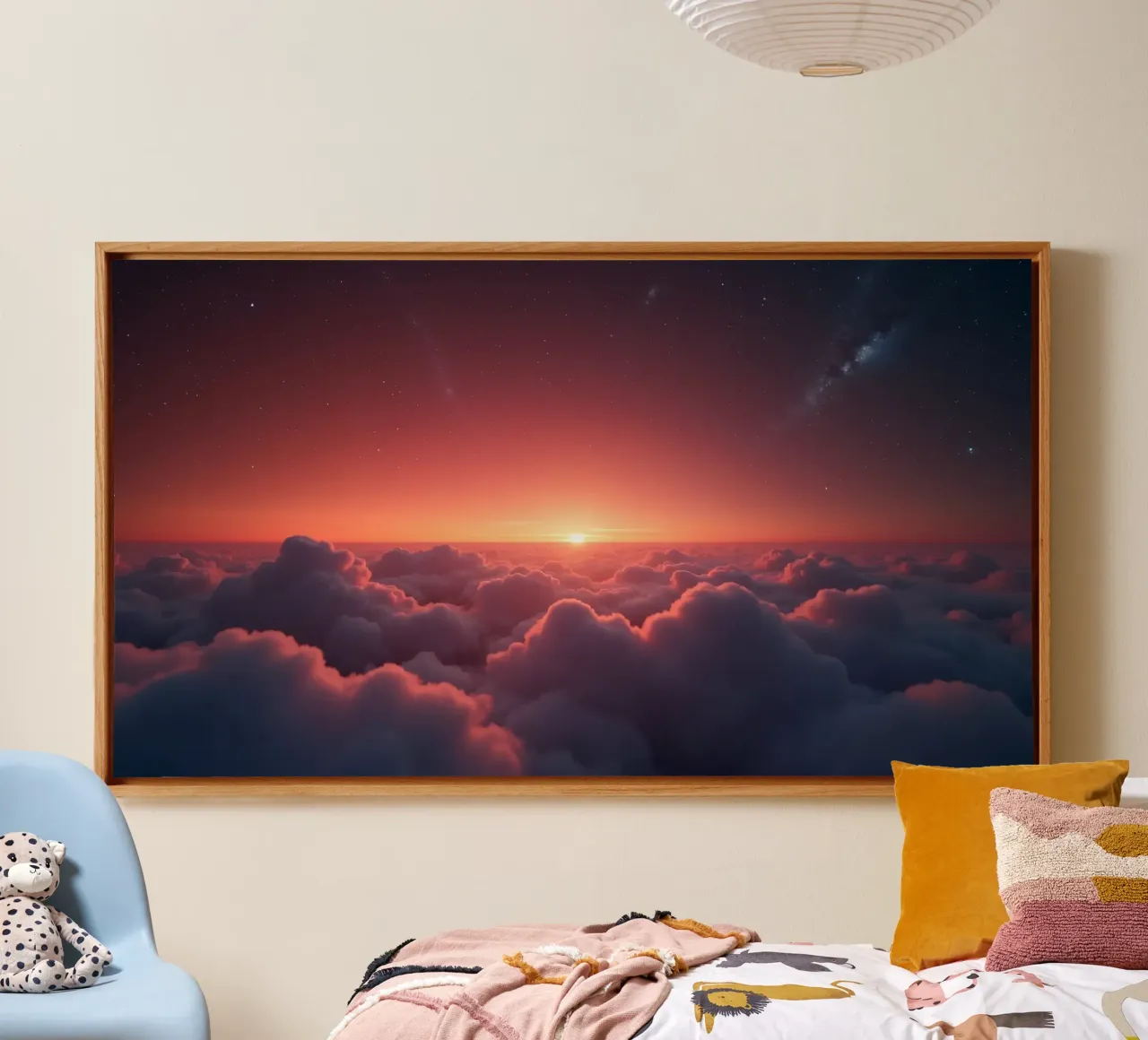 Vibrant sunset glowing above fluffy clouds in a serene sky canvas by DesignDoodle