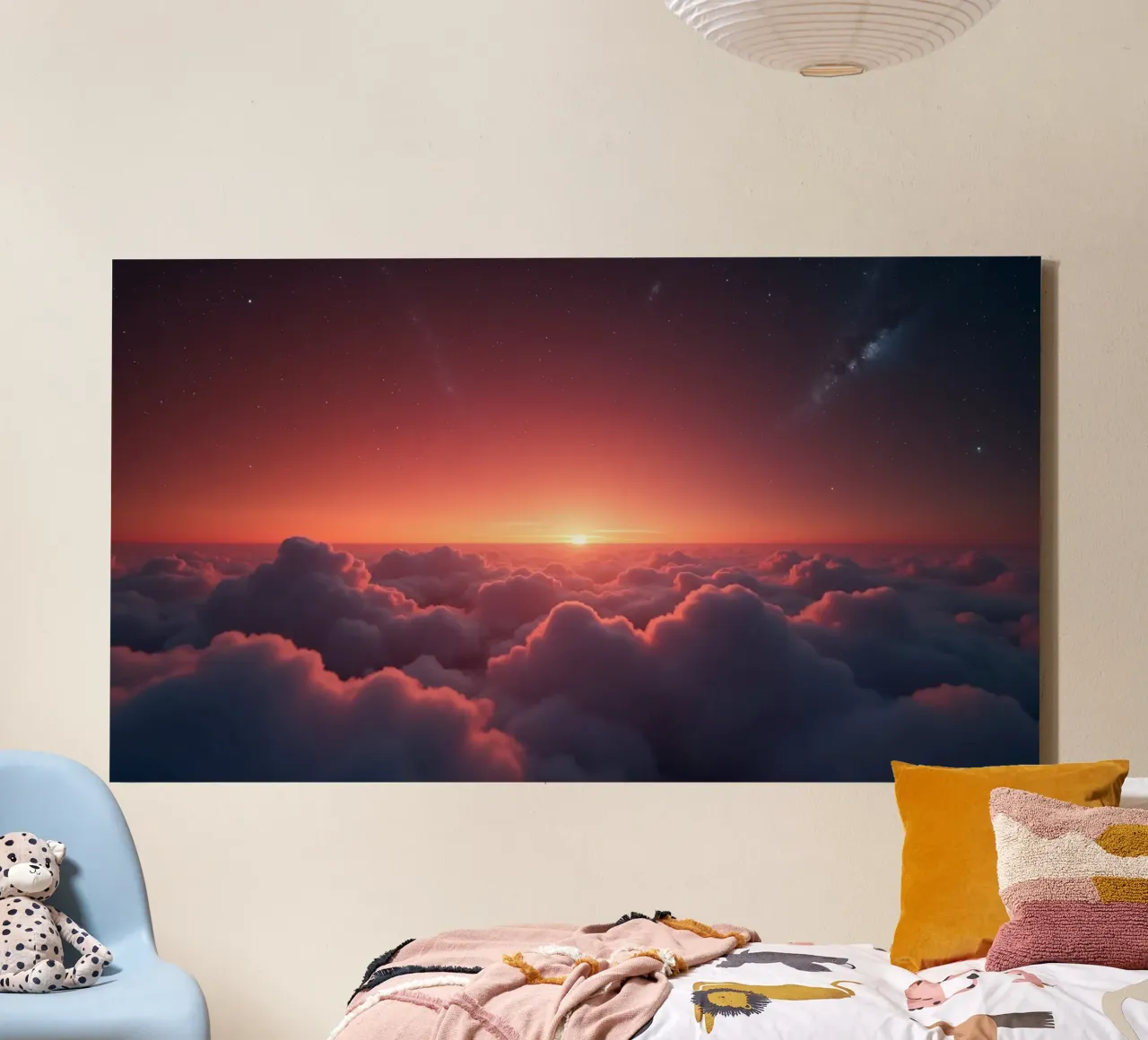Vibrant sunset glowing above fluffy clouds in a serene sky canvas by DesignDoodle