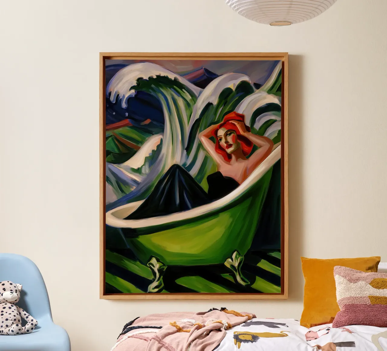 Vrouw ontwaakt in bad | Expressionistisch schilderij canvas met Baklijst van Autofocus