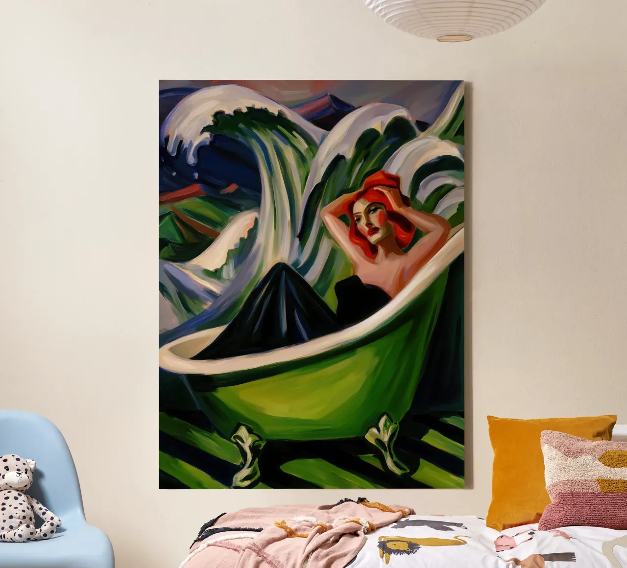 Vrouw ontwaakt in bad | Expressionistisch schilderij canvas met Baklijst van Autofocus