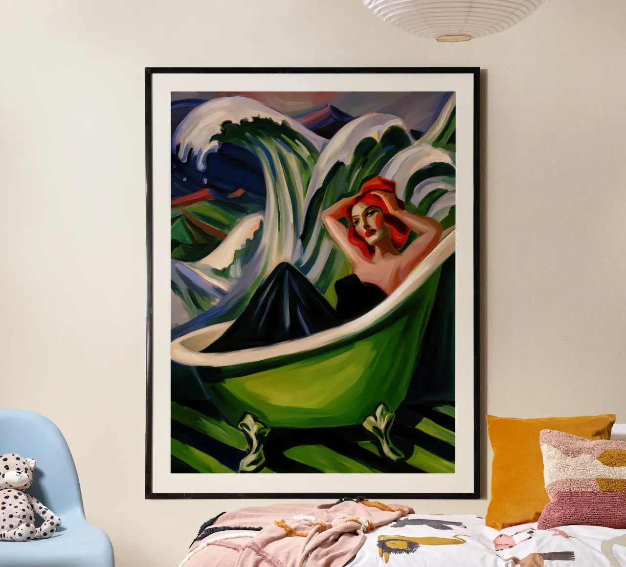 Donna si sveglia nella vasca da bagno | Quadro espressionista poster con telaio in legno da Autofocus