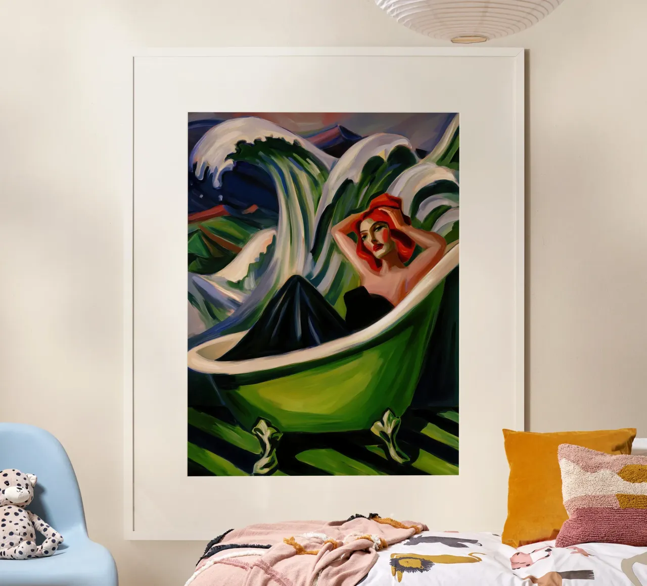 Donna si sveglia nella vasca da bagno | Quadro espressionista poster con telaio in legno da Autofocus