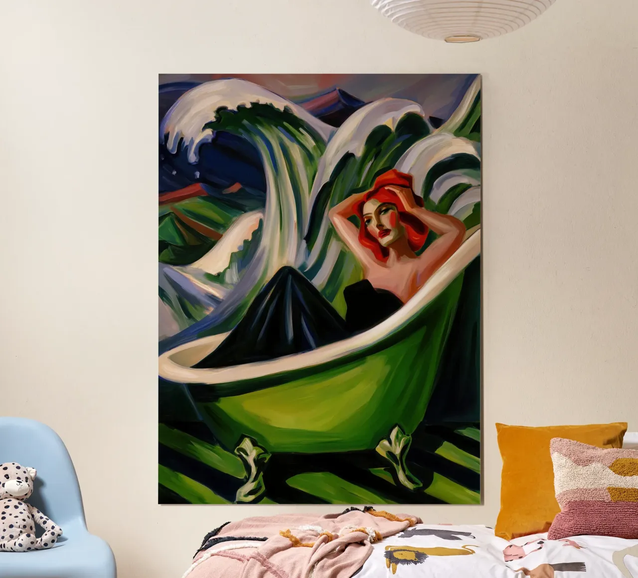 Donna si sveglia nella vasca da bagno | Quadro espressionista poster con telaio in legno da Autofocus