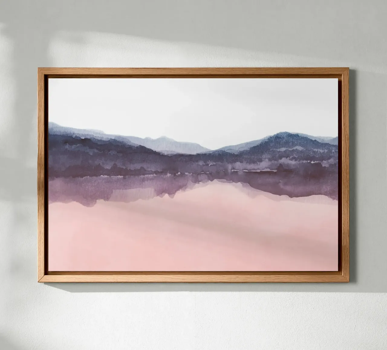 Roze en indigo aquarel uitzicht op meer canvas met Baklijst van NouveauPrints