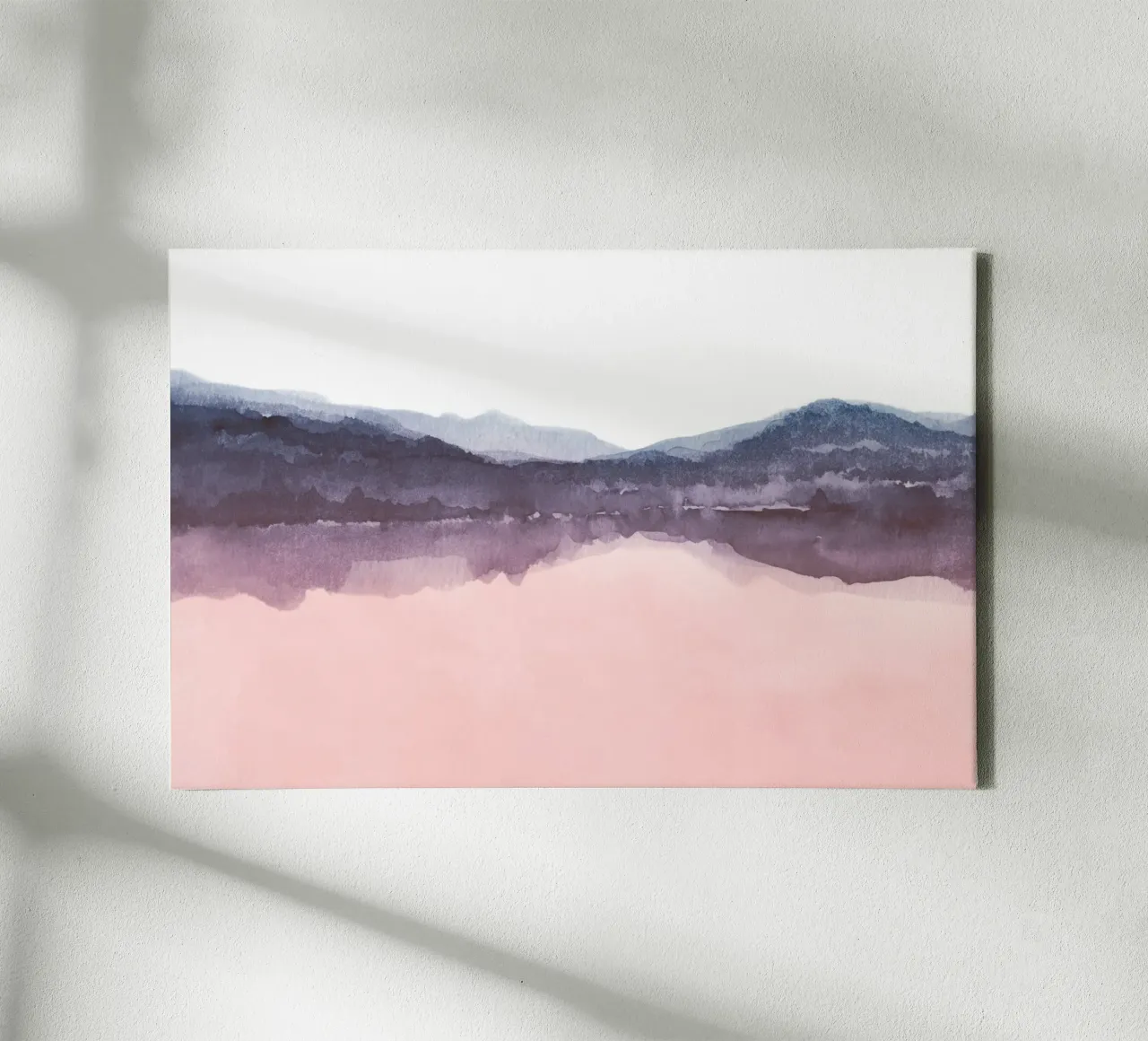 Roze en indigo aquarel uitzicht op meer canvas met Baklijst van NouveauPrints