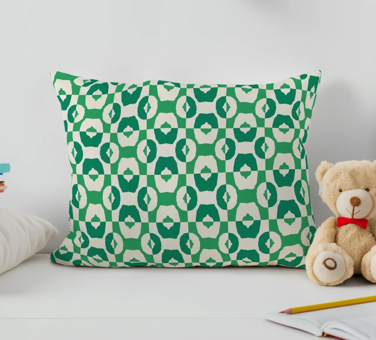 Green seamless tribal pattern decorative cushion by Little Dean