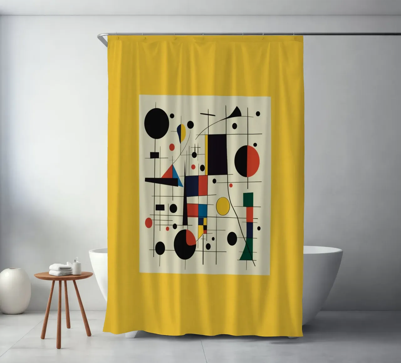 Bauhaus circles and squares in yellow shower curtain by Little Dean