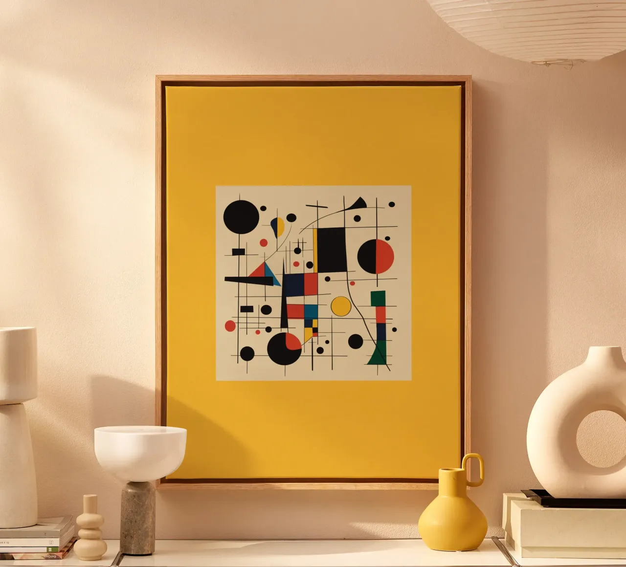 Bauhaus circles and squares in yellow canvas with Floater frame by Little Dean