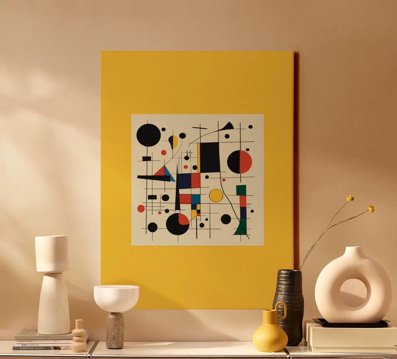 Bauhaus circles and squares in yellow canvas with Floater frame by Little Dean