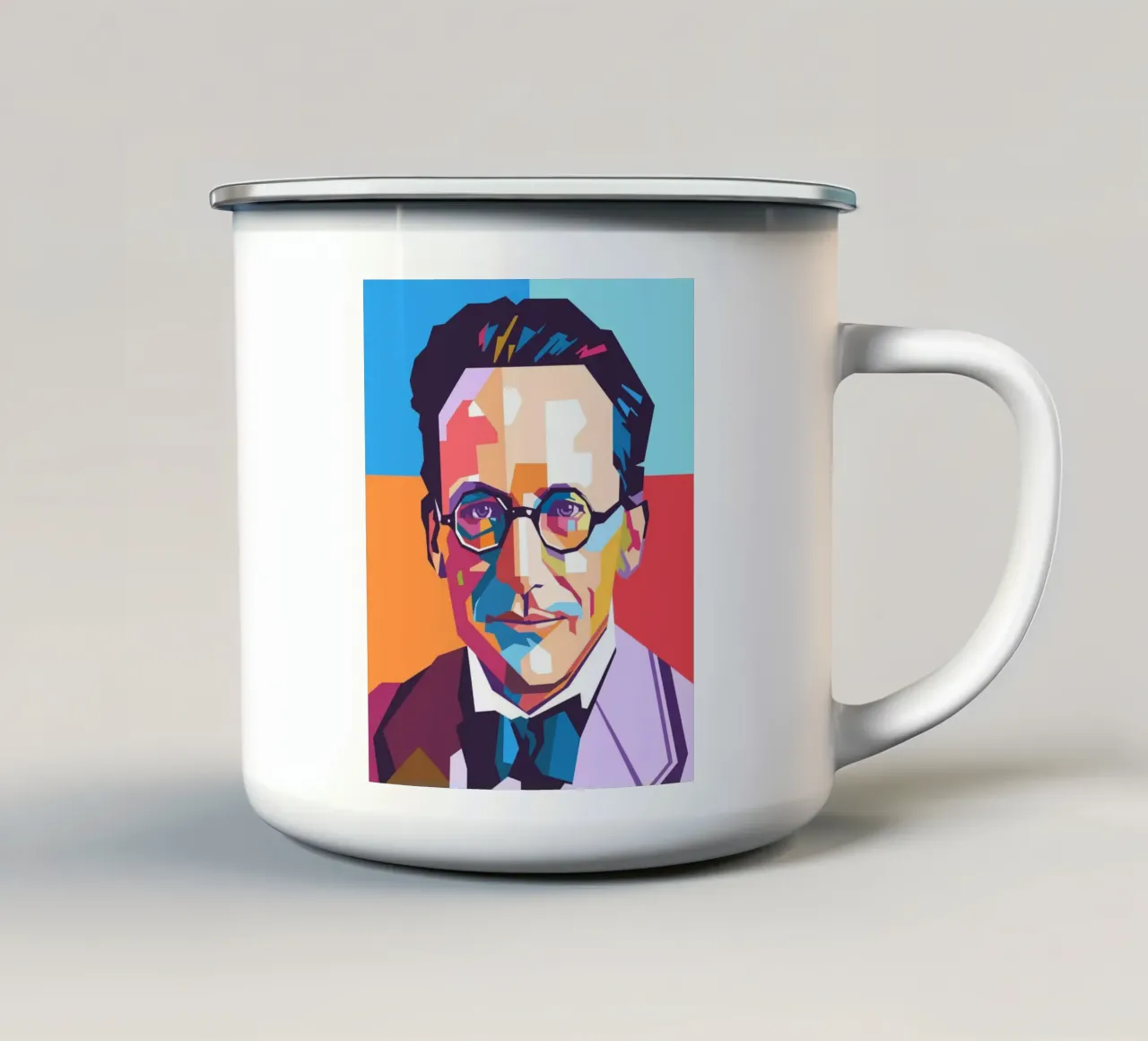 Erwin Schrodinger ritratto pop art tazza in smalto da Hantamrata