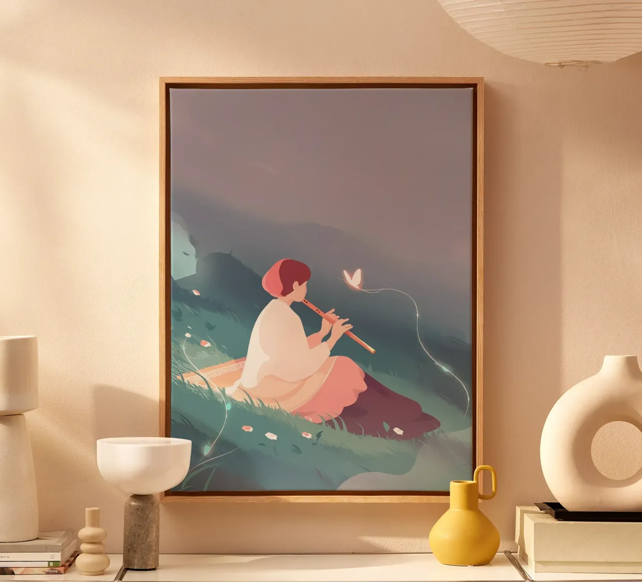 Fluitspeler Vrouw bij Nacht Lofi Art canvas met Baklijst van LoFi Gallery