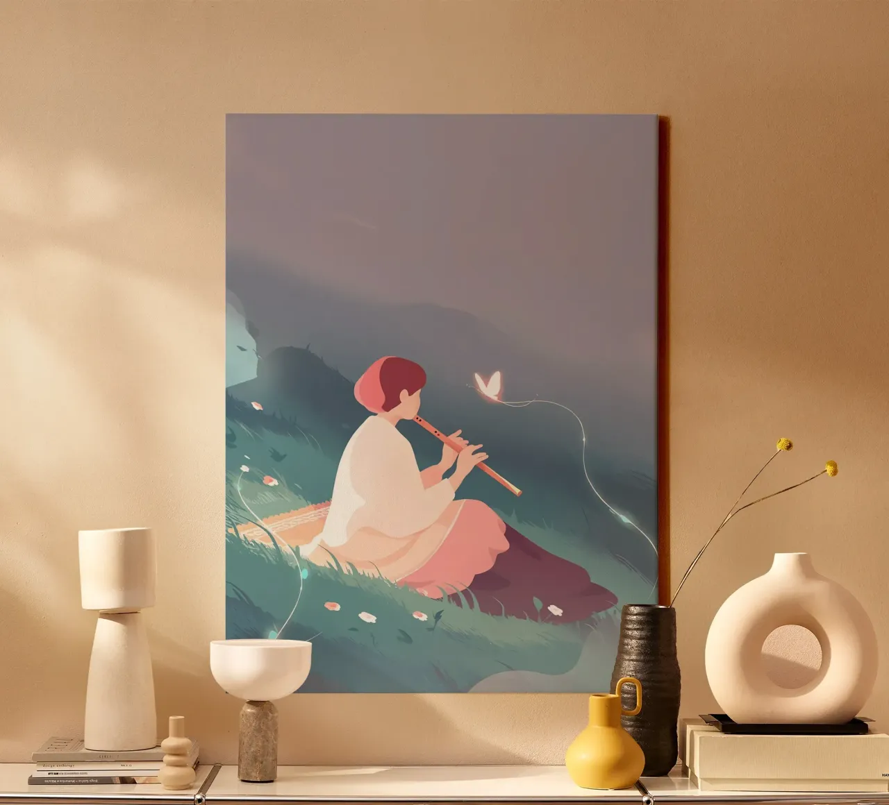 Fluitspeler Vrouw bij Nacht Lofi Art canvas met Baklijst van LoFi Gallery