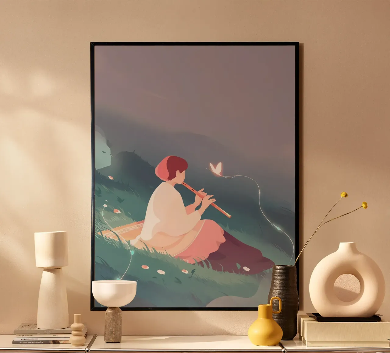 Flauto musicista donna di notte Lofi Art poster con telaio in alluminio da LoFi Gallery