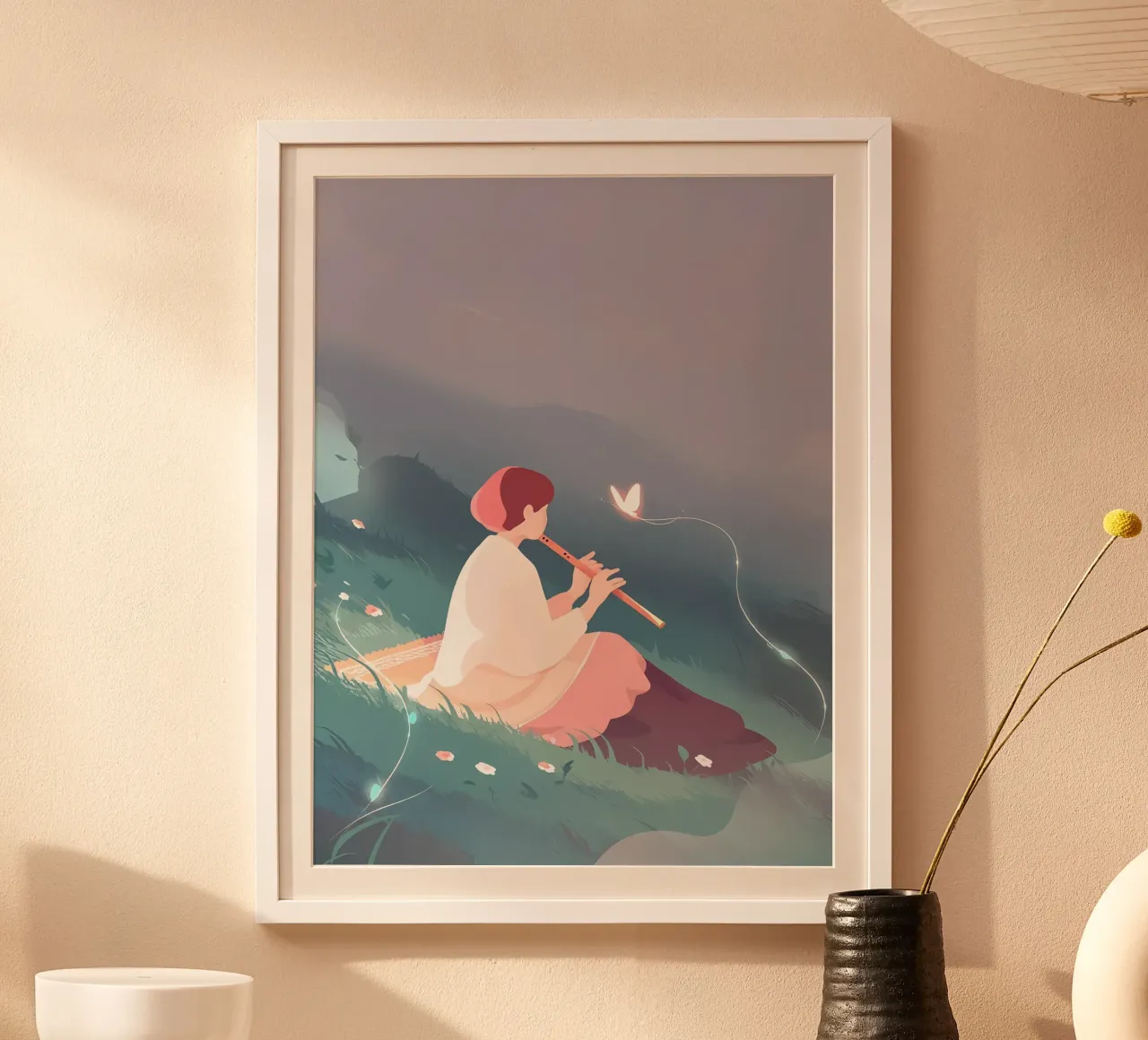 Flauto musicista donna di notte Lofi Art poster con telaio in alluminio da LoFi Gallery