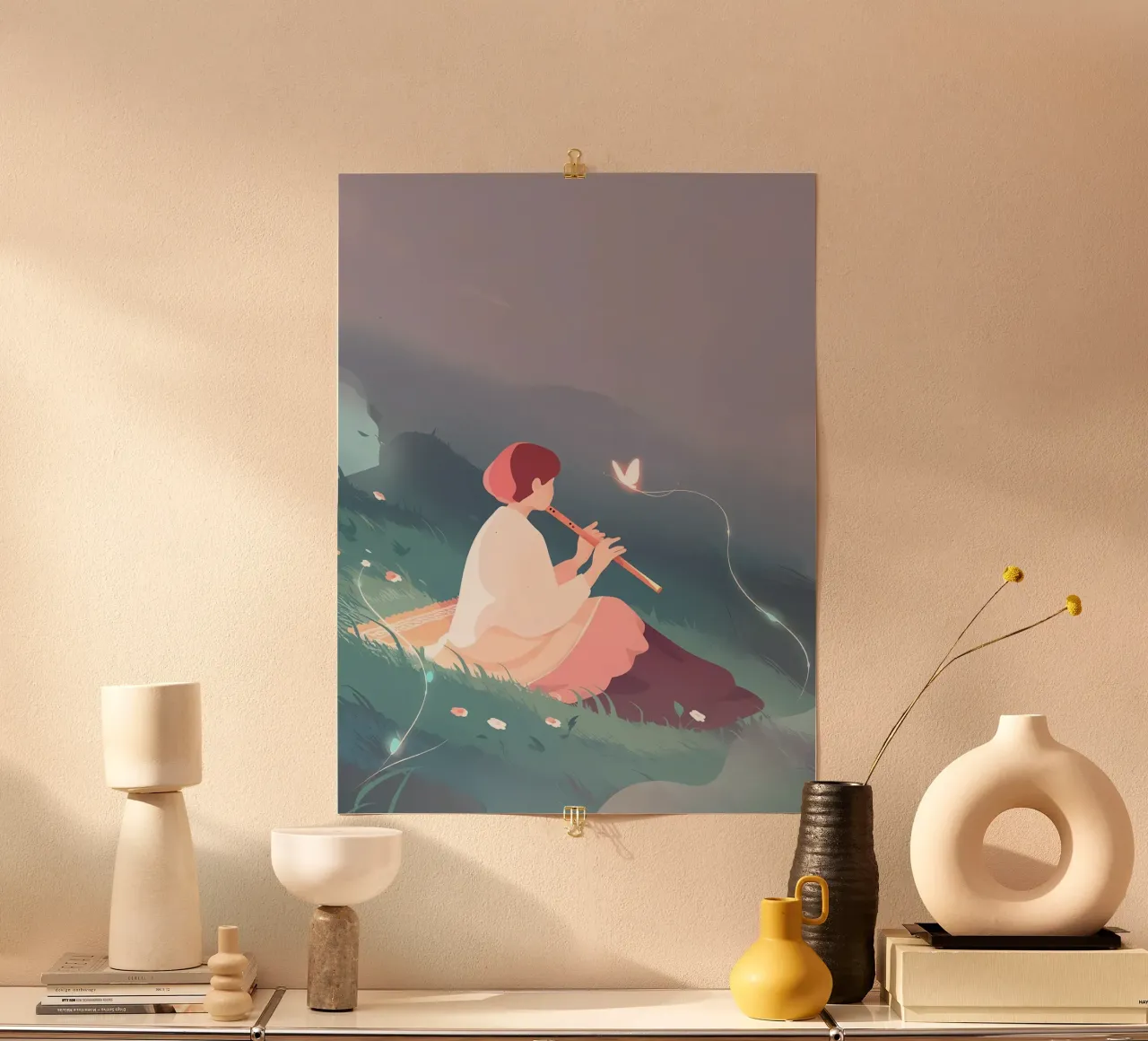 Flauto musicista donna di notte Lofi Art poster con telaio in alluminio da LoFi Gallery