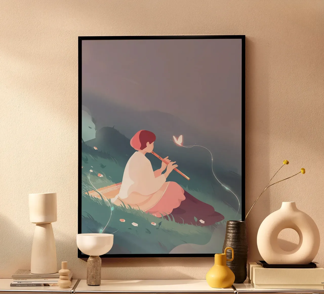 Flauto musicista donna di notte Lofi Art poster con telaio in alluminio da LoFi Gallery