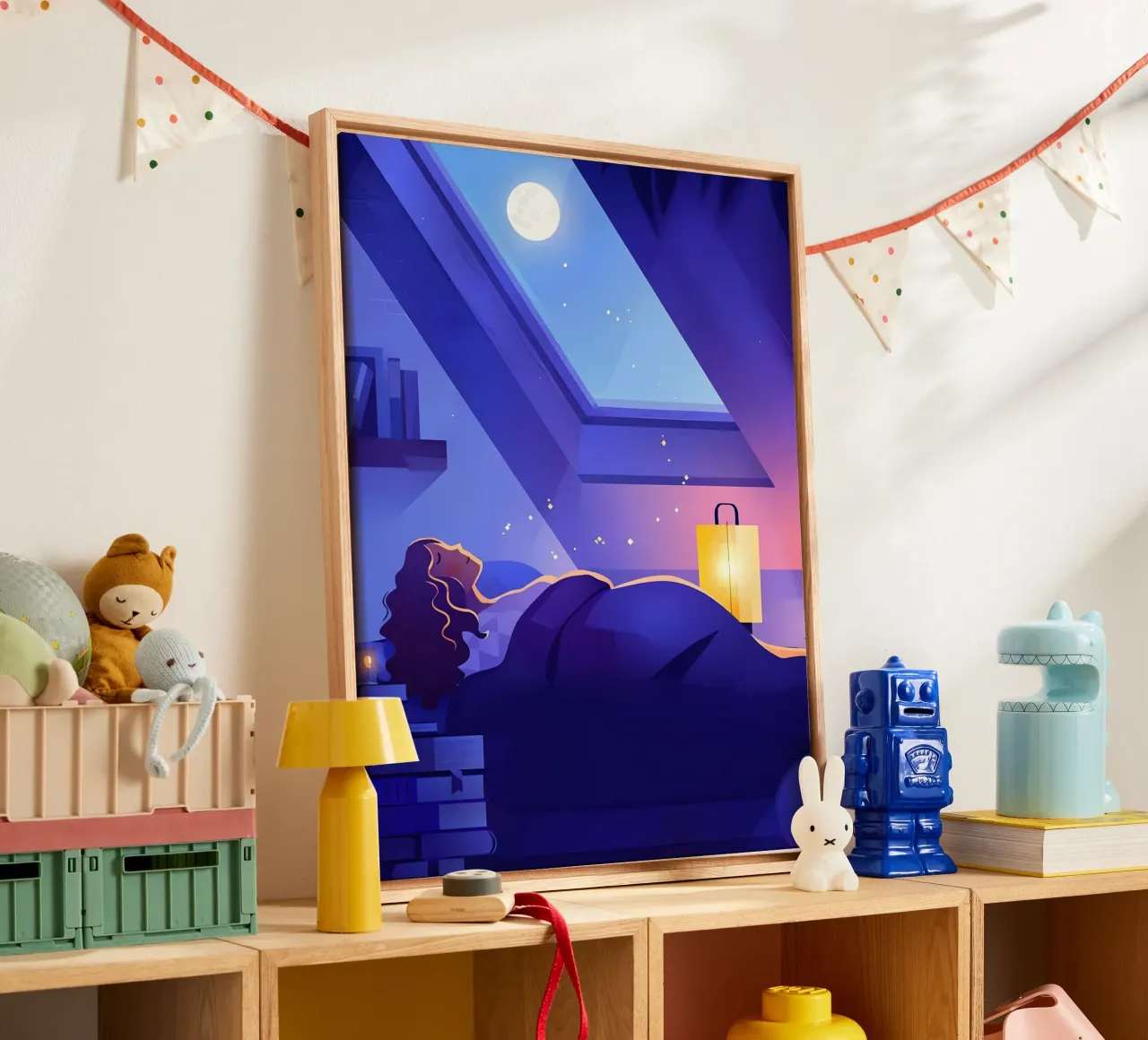 Sleeping Under The Moon Lofi Art canvas with Floater frame by LoFi Gallery