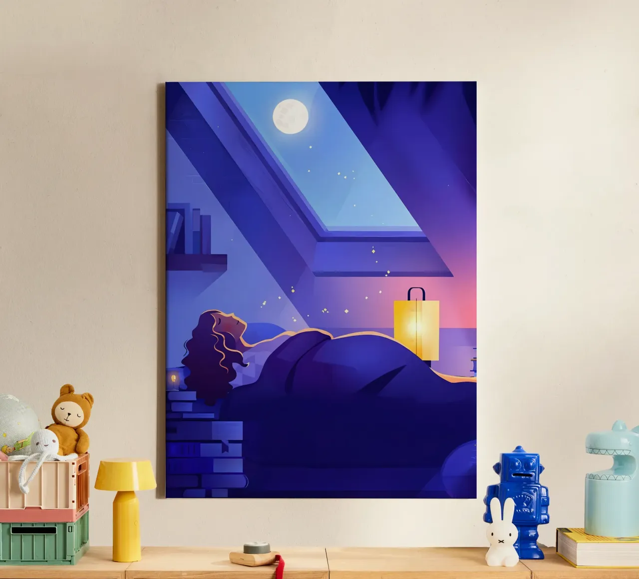 Sleeping Under The Moon Lofi Art canvas with Floater frame by LoFi Gallery