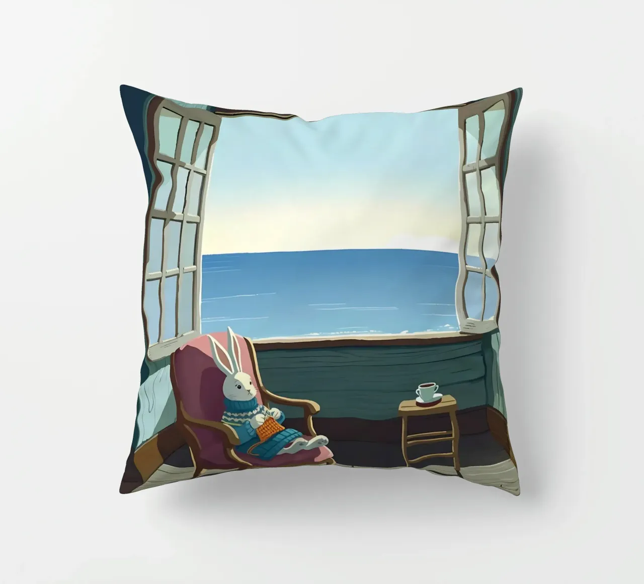 Coniglio che lavora a maglia su una sedia Lofi Art cuscino da LoFi Gallery