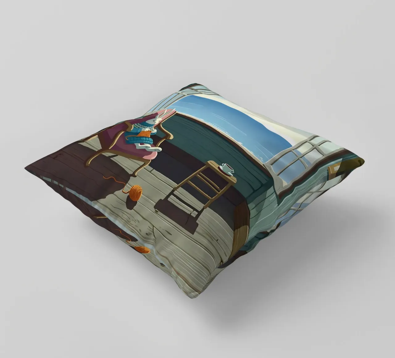 Coniglio che lavora a maglia su una sedia Lofi Art cuscino da LoFi Gallery