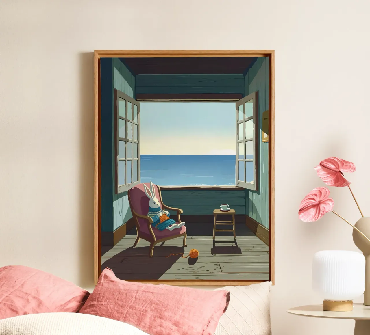 Conejo tejiendo en una silla Lofi Art lienzo con Marco flotante de LoFi Gallery