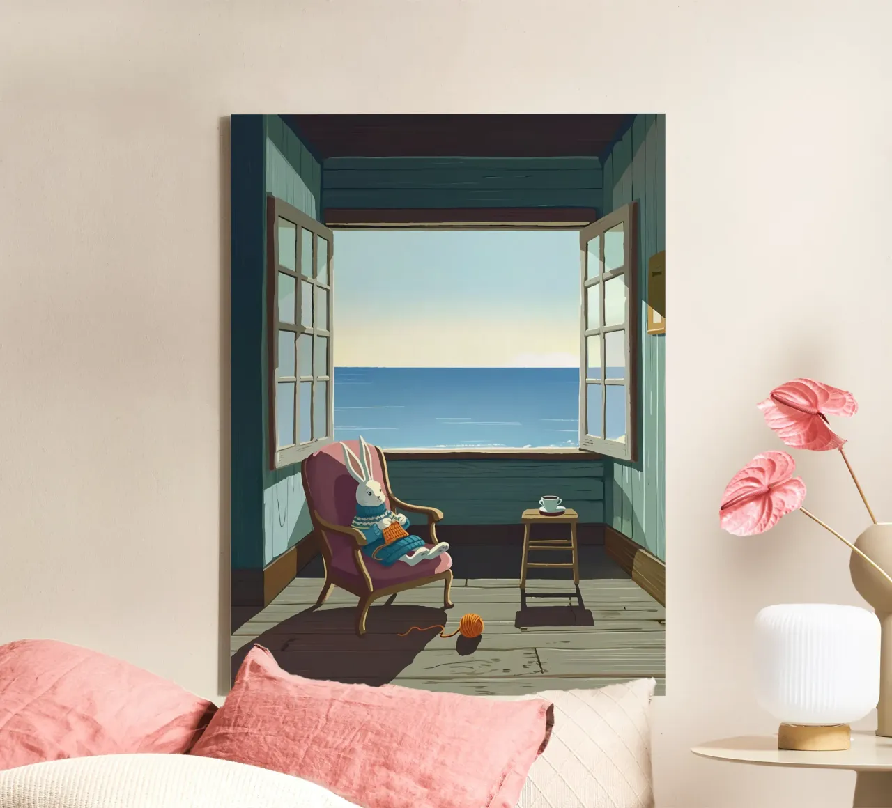Conejo tejiendo en una silla Lofi Art lienzo con Marco flotante de LoFi Gallery
