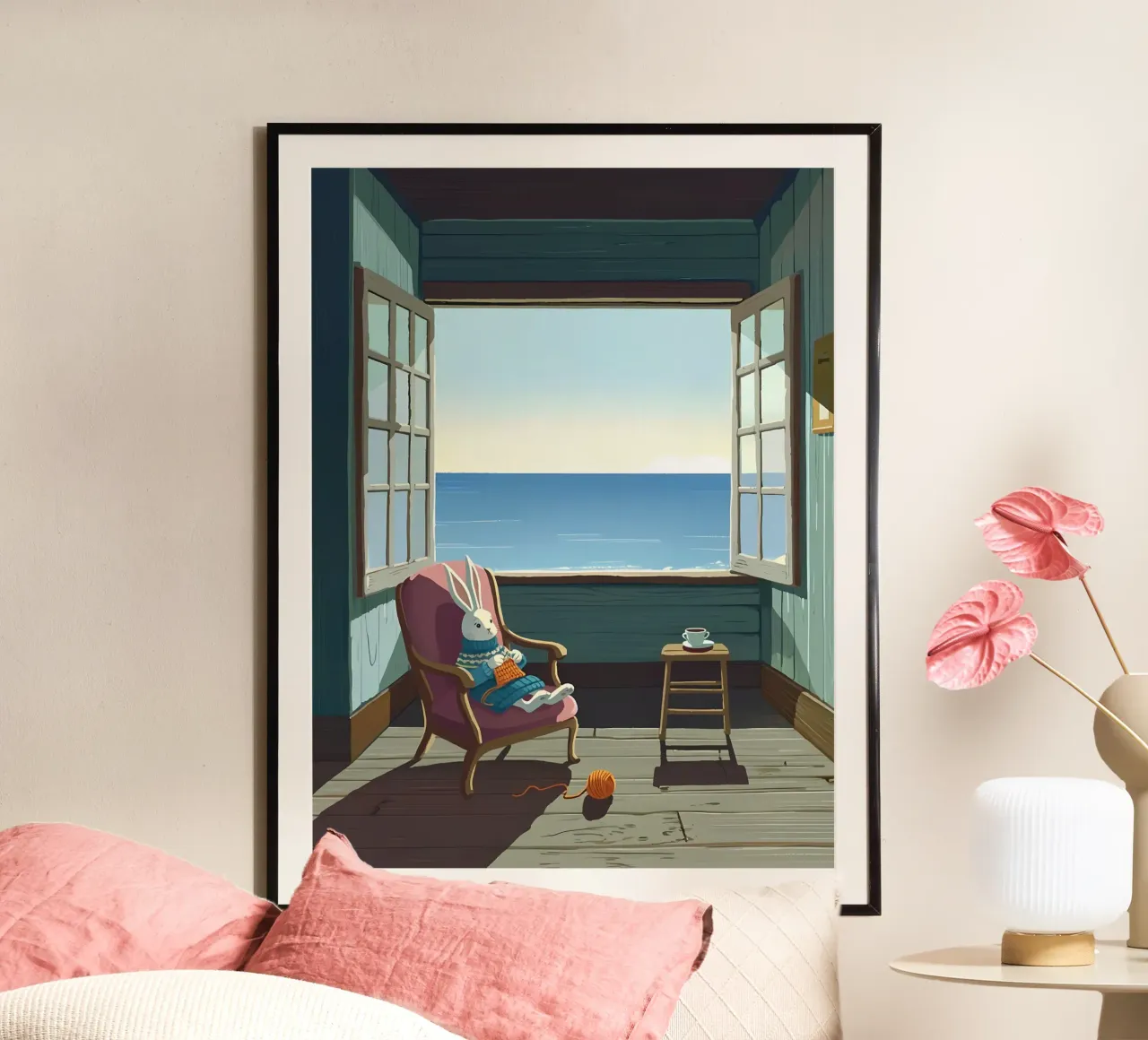 Coniglio che lavora a maglia su una sedia Lofi Art poster con telaio in plastica da LoFi Gallery
