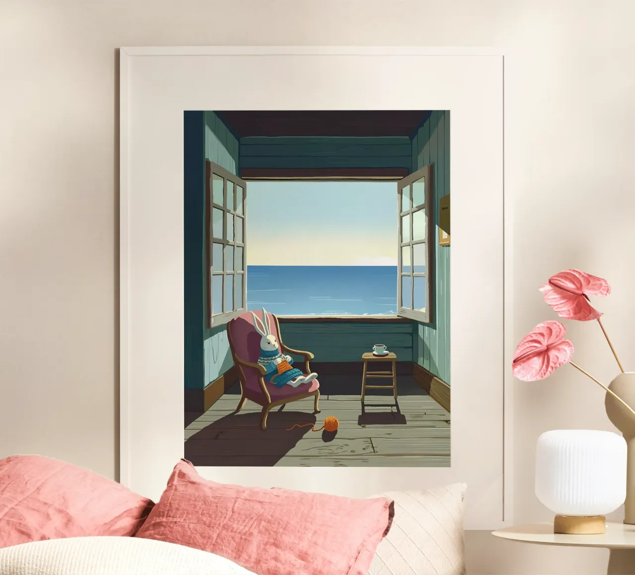 Coniglio che lavora a maglia su una sedia Lofi Art poster con telaio in plastica da LoFi Gallery