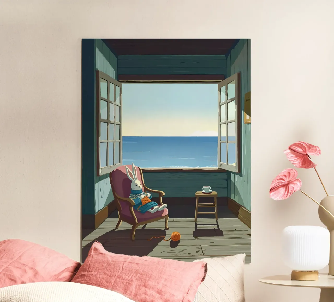 Coniglio che lavora a maglia su una sedia Lofi Art poster con telaio in plastica da LoFi Gallery