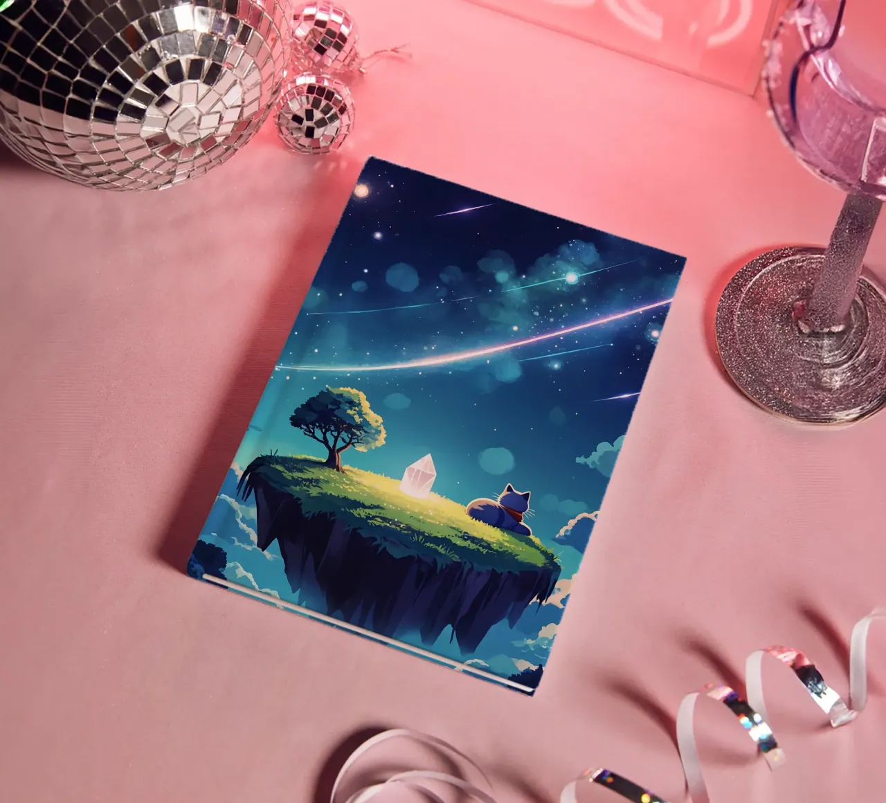 Cat On Floating Crystal Island Lofi Art notebook by LoFi Gallery