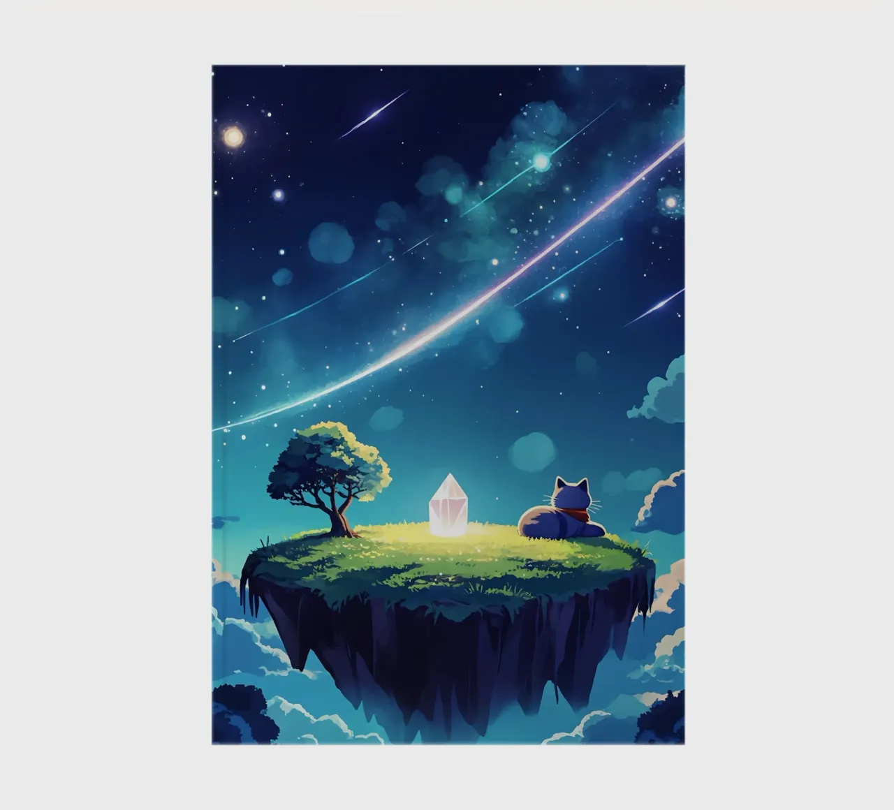 Cat On Floating Crystal Island Lofi Art notebook by LoFi Gallery