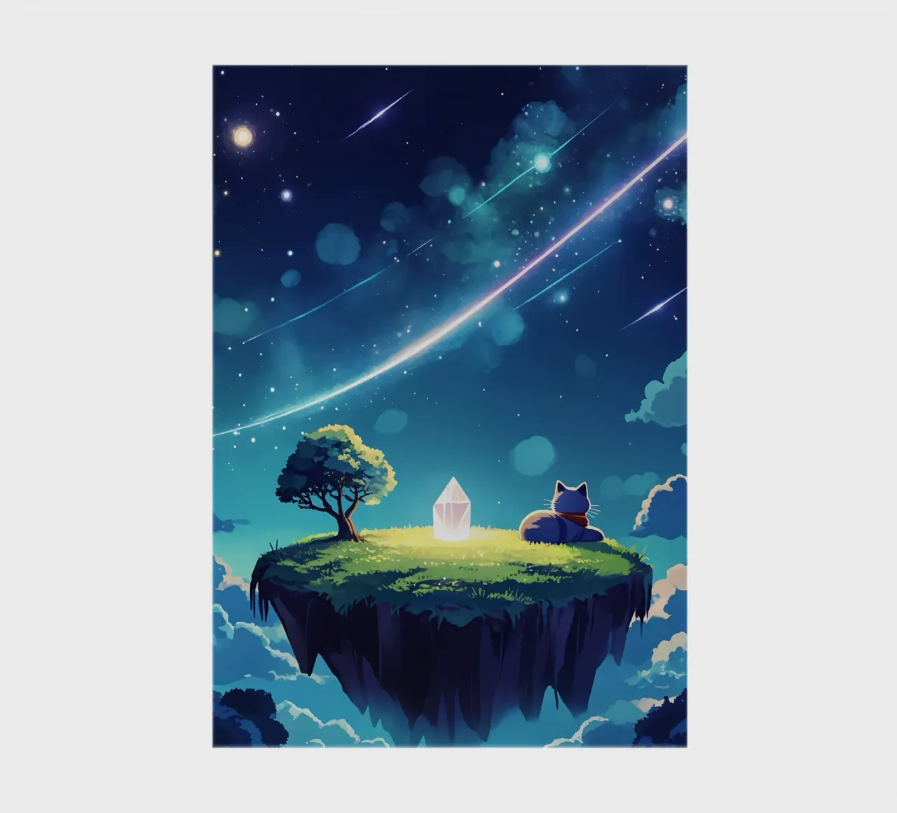 Cat On Floating Crystal Island Lofi Art notebook by LoFi Gallery