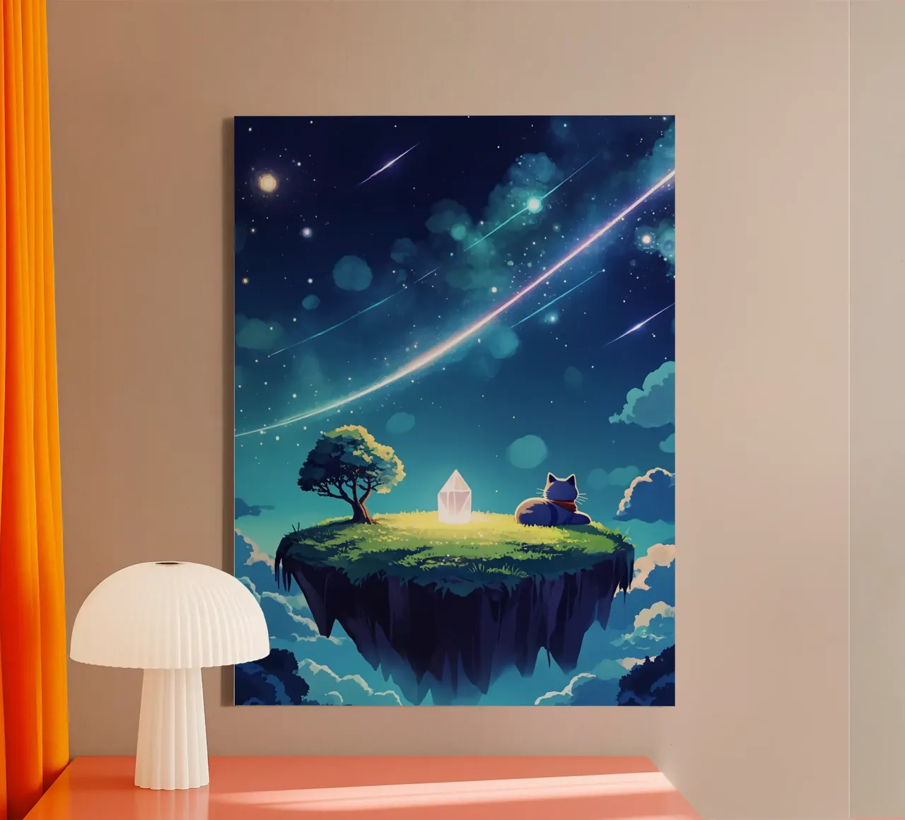 Cat On Floating Crystal Island Lofi Art canvas with Floater frame by LoFi Gallery