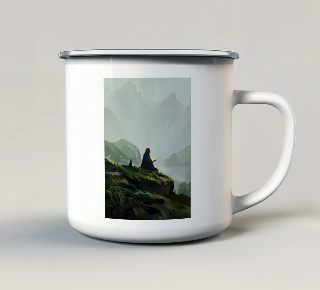 Lettura a Mountain Cliff Lofi Art tazza in smalto da LoFi Gallery