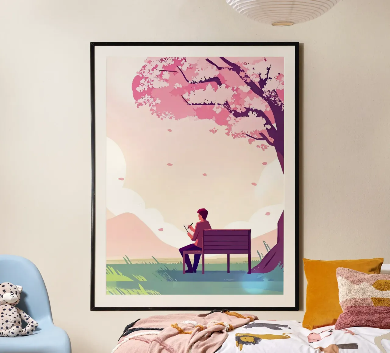 Pittura sotto i fiori di ciliegio Lofi Art poster con telaio in legno da LoFi Gallery