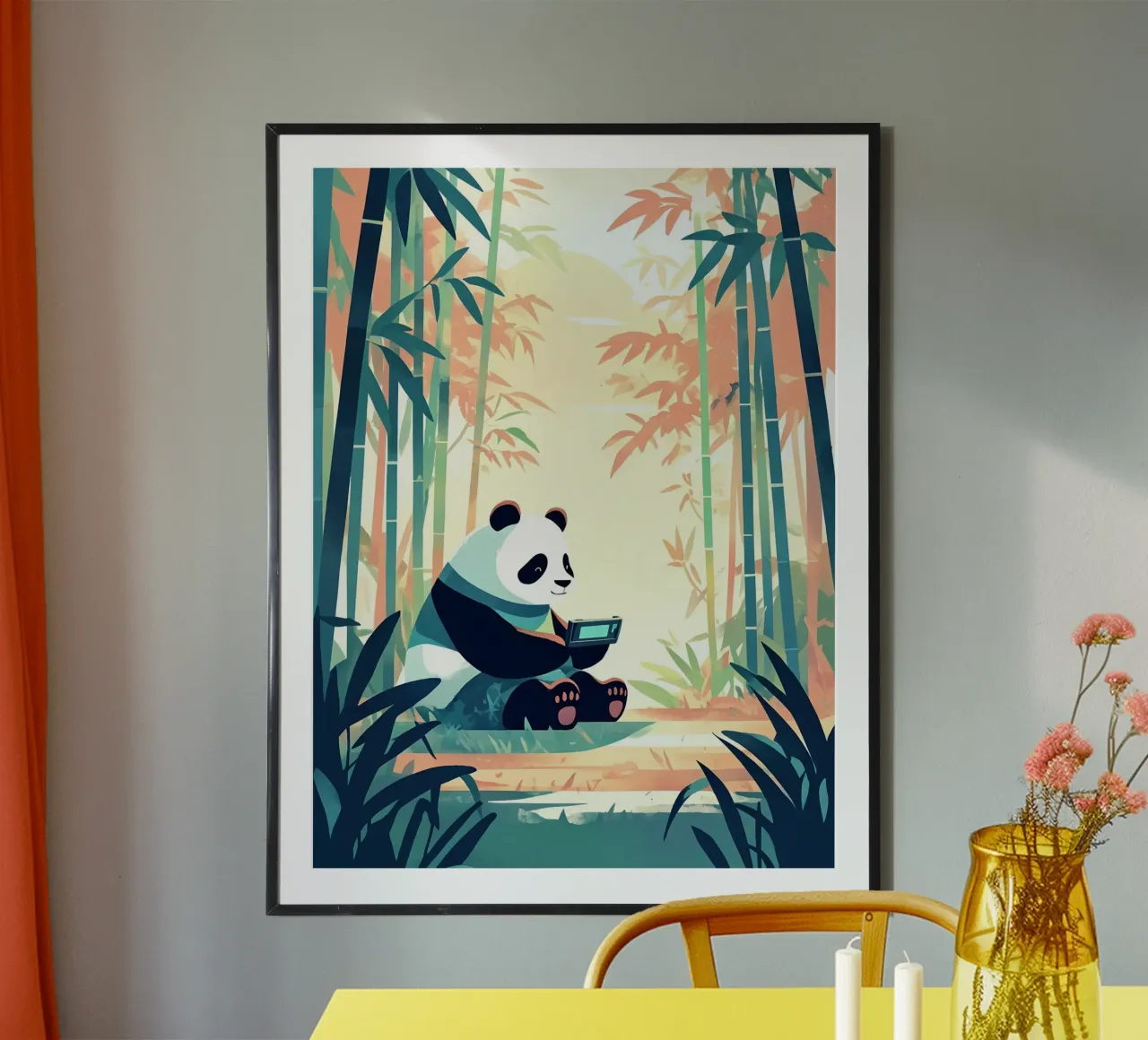 Jugando Como Panda En El Bosque Lofi Art poster con marco de madera de LoFi Gallery