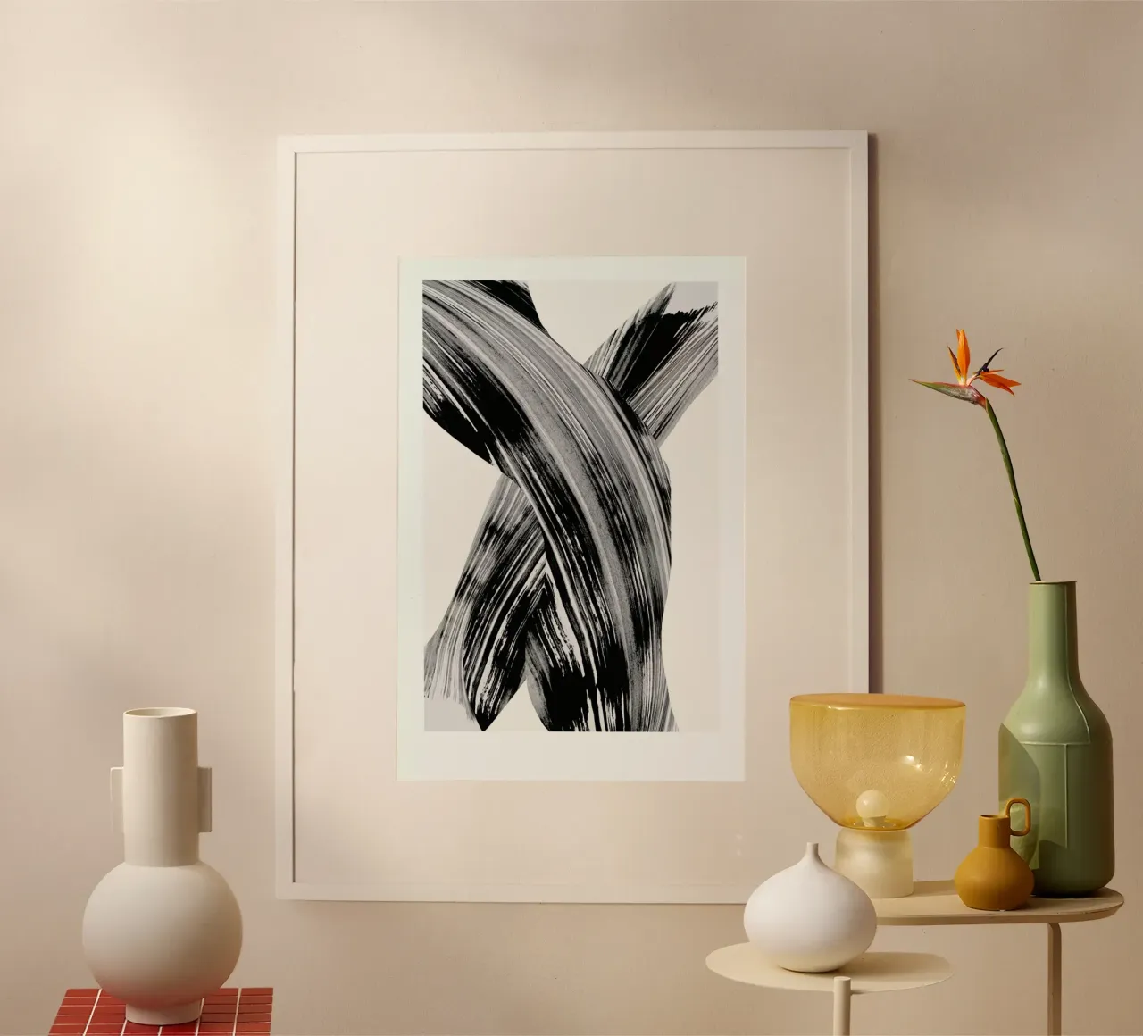 Black And White Brush Strokes poster with wooden frame by Graphite
