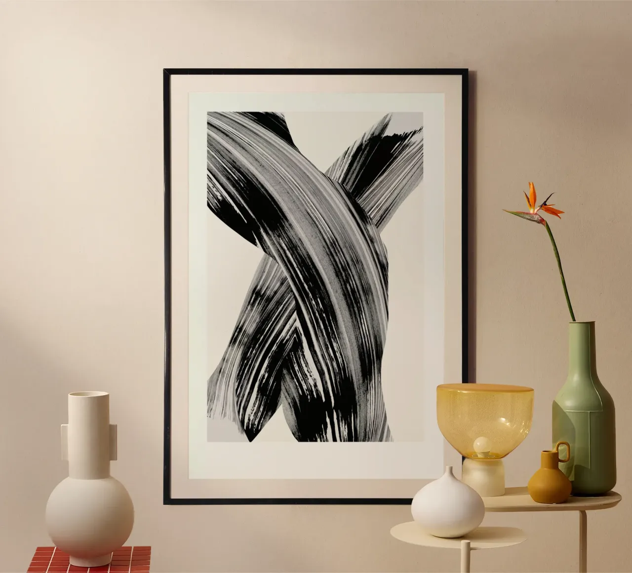 Black And White Brush Strokes poster with wooden frame by Graphite