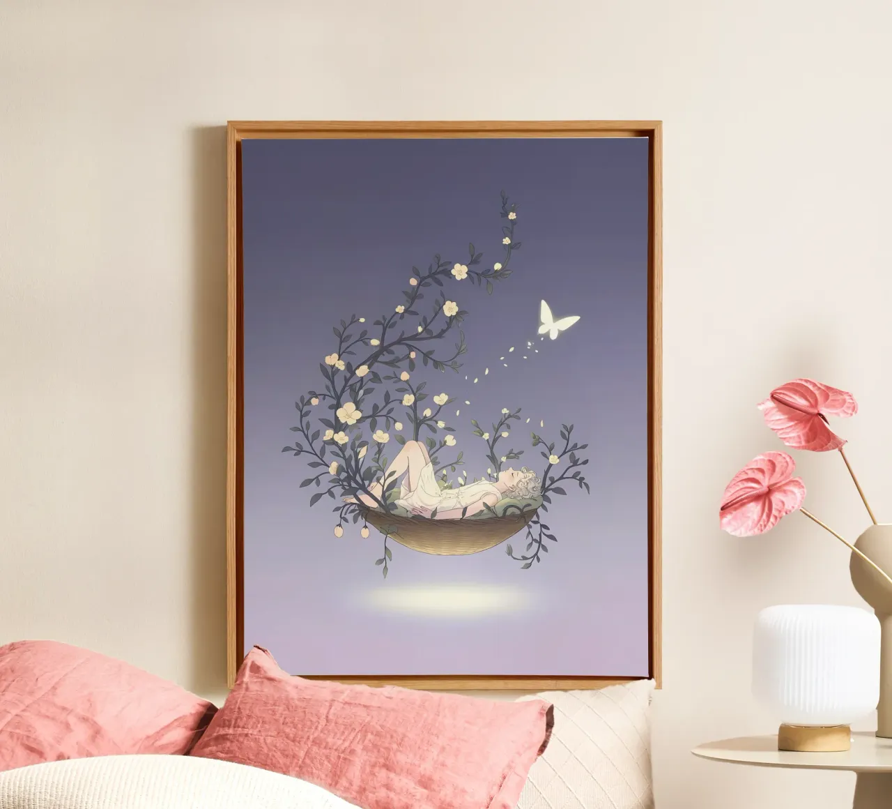 Vrouw slaapt in dromen Lofi kunst canvas met Baklijst van LoFi Gallery