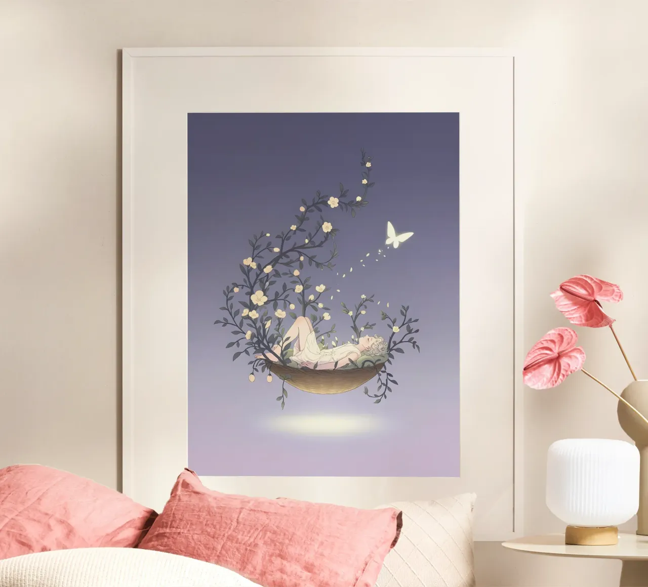 Donna che dorme nei sogni Lofi Art poster con telaio in legno da LoFi Gallery